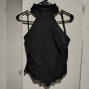 Vintage Tadashi Shoji Black Beaded Floral Evening Halter Top (RARE)